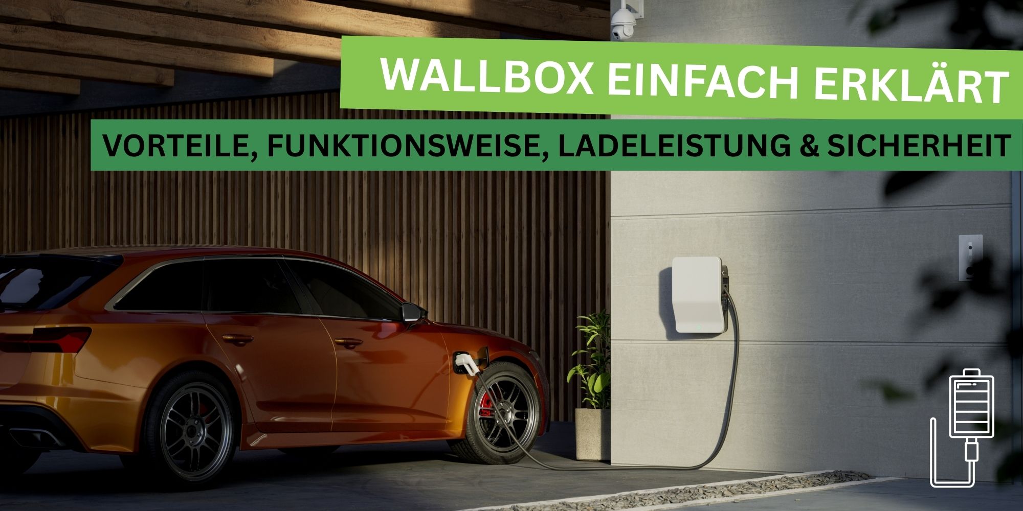 Elektroauto lädt an einer Wallbox in einer modernen Garage. Darüber Textbanner „Wallbox einfach erklärt“ sowie „Vorteile, Funktionsweise, Ladeleistung & Sicherheit“. Rechts unten ein Icon eines Ladesteckers mit Batteriesymbol.